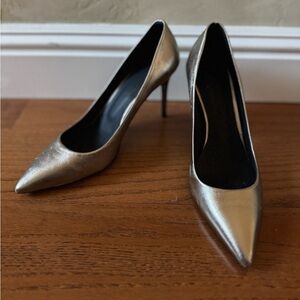 Theory Womens Metallic Leather Pointed Toe Slip On Heels Pumps Silver 37.5 7.5